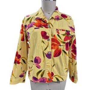 Chico's Design Yellow Denim Jacket Vivid Red Floral Pattern Sz 3  XL